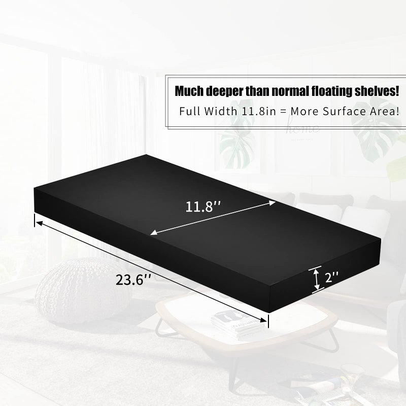 WELLAND 12" Deep Floating Wall Shelf, Black Floating Shelf Display Floating Shelf, 23.62" L x 11.81" D x 2" T, Deeper Than Others, Black - Image 5